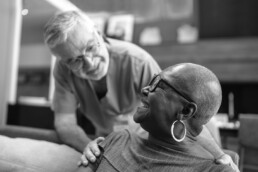 male care giver, nurse with diverse mature female with glasses