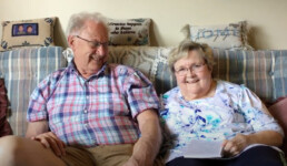 Senior couple on couch, Nancy and Hank