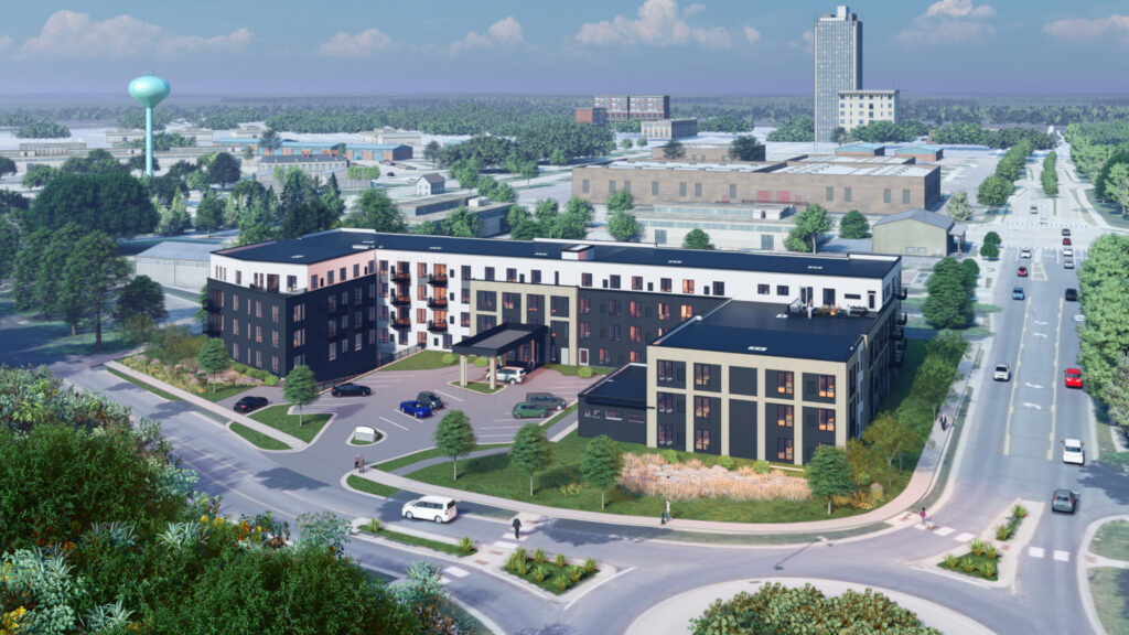 An aerial rendering of Forty-Forty Flats — an Ecumen Living Space