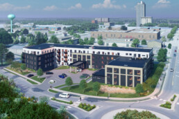 An aerial rendering of Forty-Forty Flats — an Ecumen Living Space